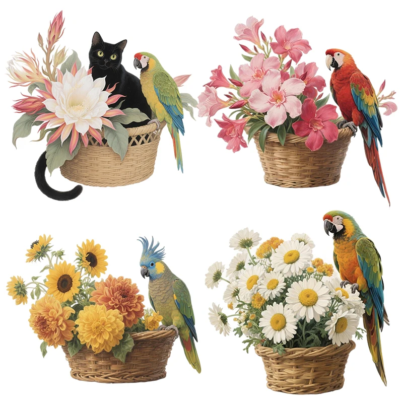 Three Ratels CEE25 Colorful flower baskets and macaw wall stickers for home decoration