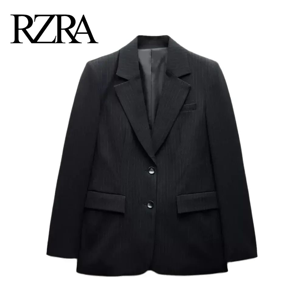 

RZRA2024 autumn and winter new women's pinstripe straight cut long-sleeved lapel black suit jacket straight loose