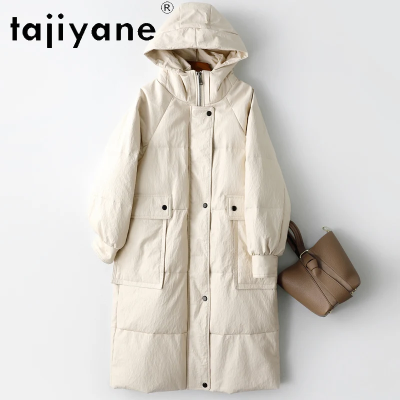 TAJIYANE 100% pelle di pecora piumino d'oca bianca donna bianca lunga piumino in vera pelle con cappuccio 2025 abiti invernali ·хоiyahaк