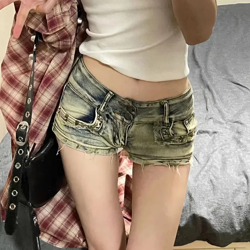 

Skinny Denim Shorts Women High Street Y2k Clothes Low-Rise Trousers Sexy Vintage Hotsweet European Fashion Hip-wrapped Summer