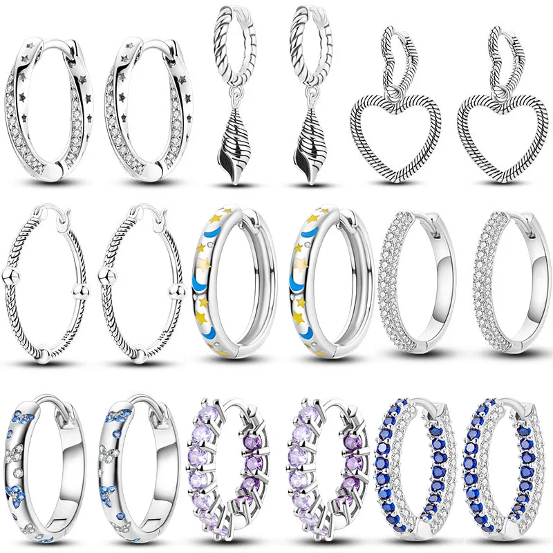 

Silver Plated Earrings Double Hoop Pendientes Zircon Fashion Simple Heart Shape Star Feather Jewelry Gift For Girl