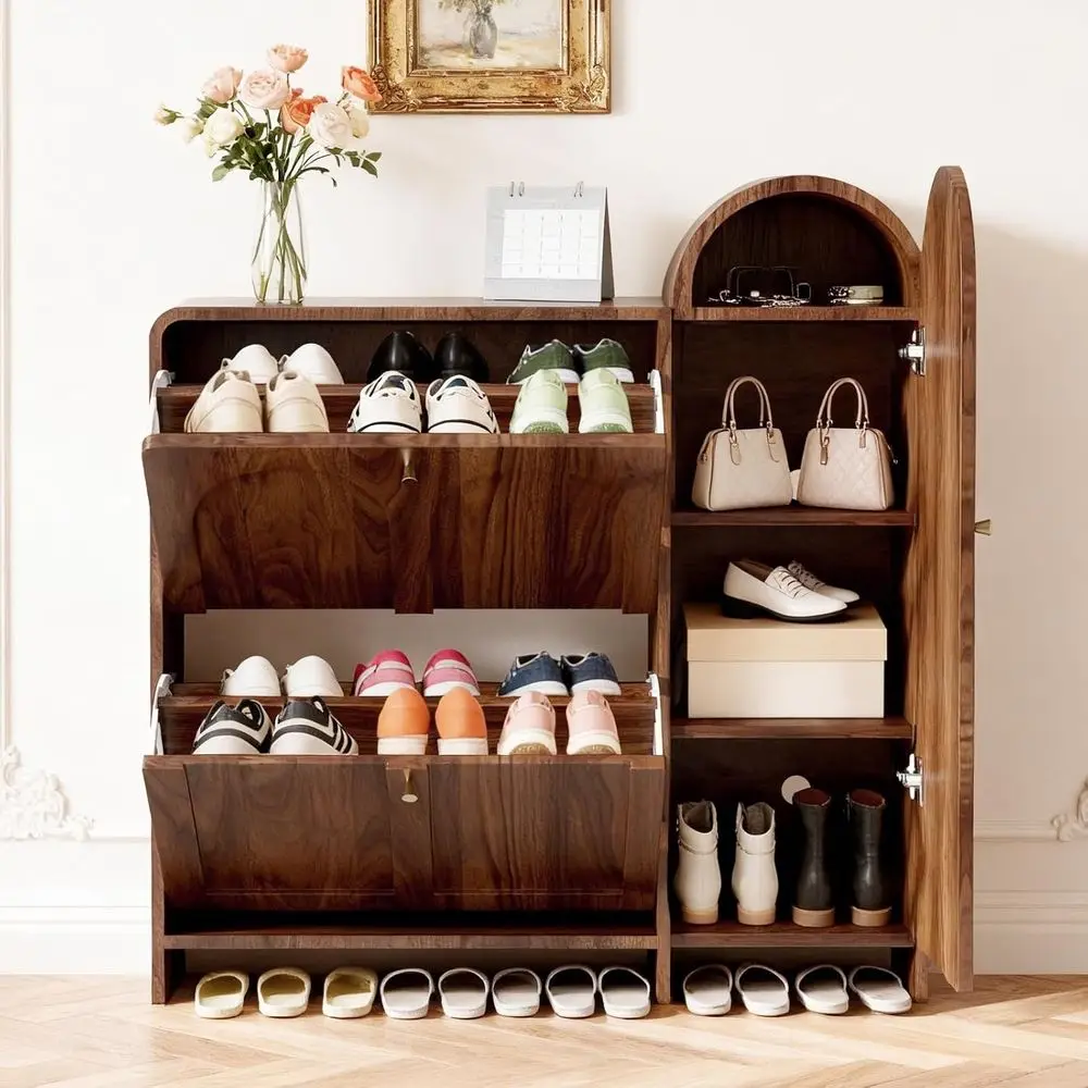 

Walnut-Finished Arched Cabinet with Hidden Shoe Rack for Stylish Entryway Storage