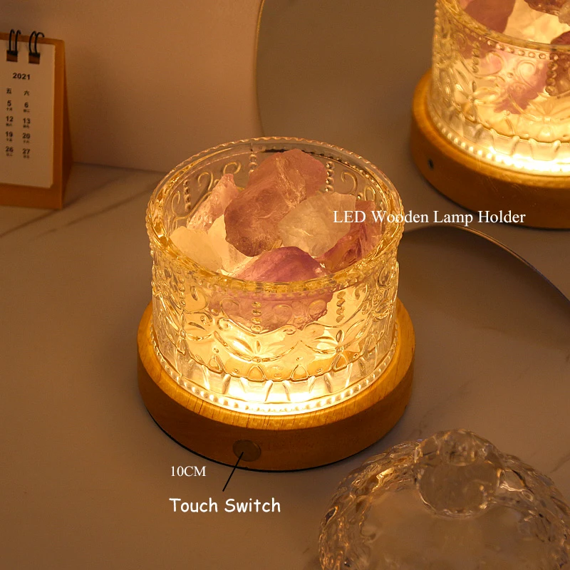 10CM Creative DIY Wooden Luminous Lamp Holder Touch Switch Rechargeable LED Light Dispaly Base Crystal Glass Resin Art Ornament