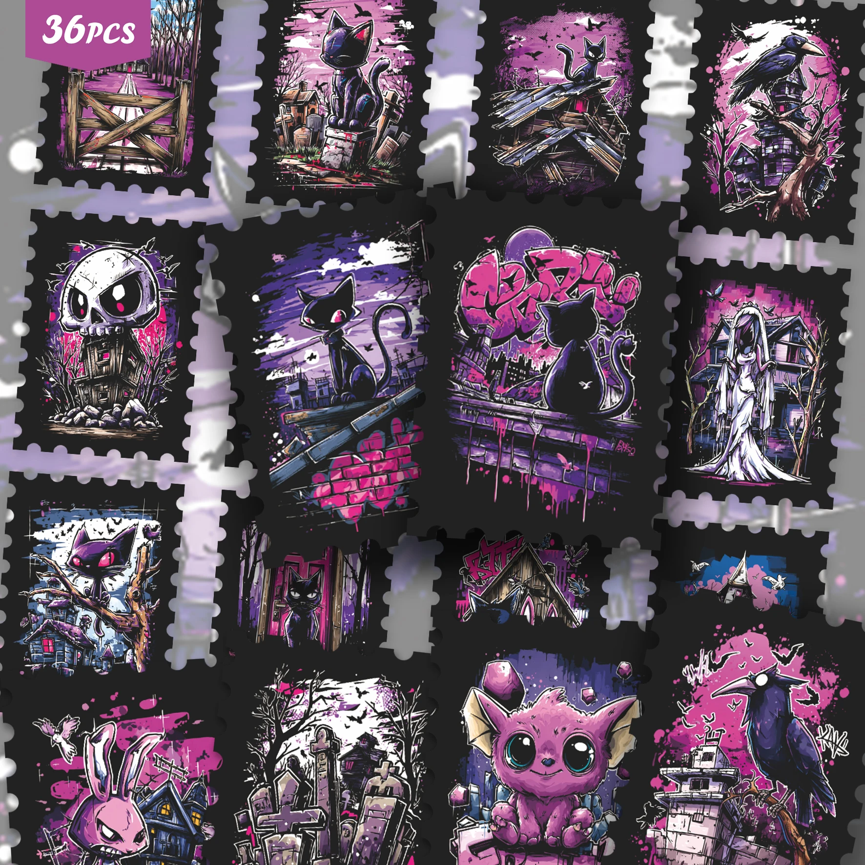 36PCS Dark Graffiti Stickers for laptops, Haunted House & Bunny Patterns, Ideal for Journaling & Handmade Card Making