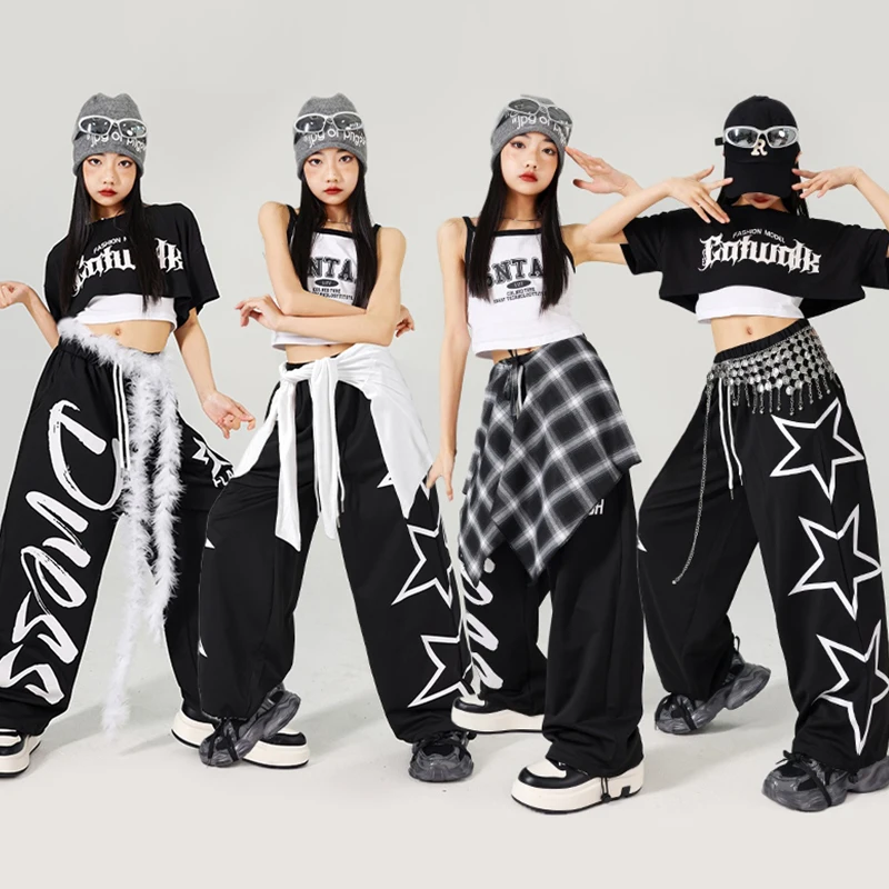 

Jazz Dance Costume Girl Hip Hop Shuffle Pants Kpop Performance Wear Children Urban Dance Clothes Black Training Dancewear 1840