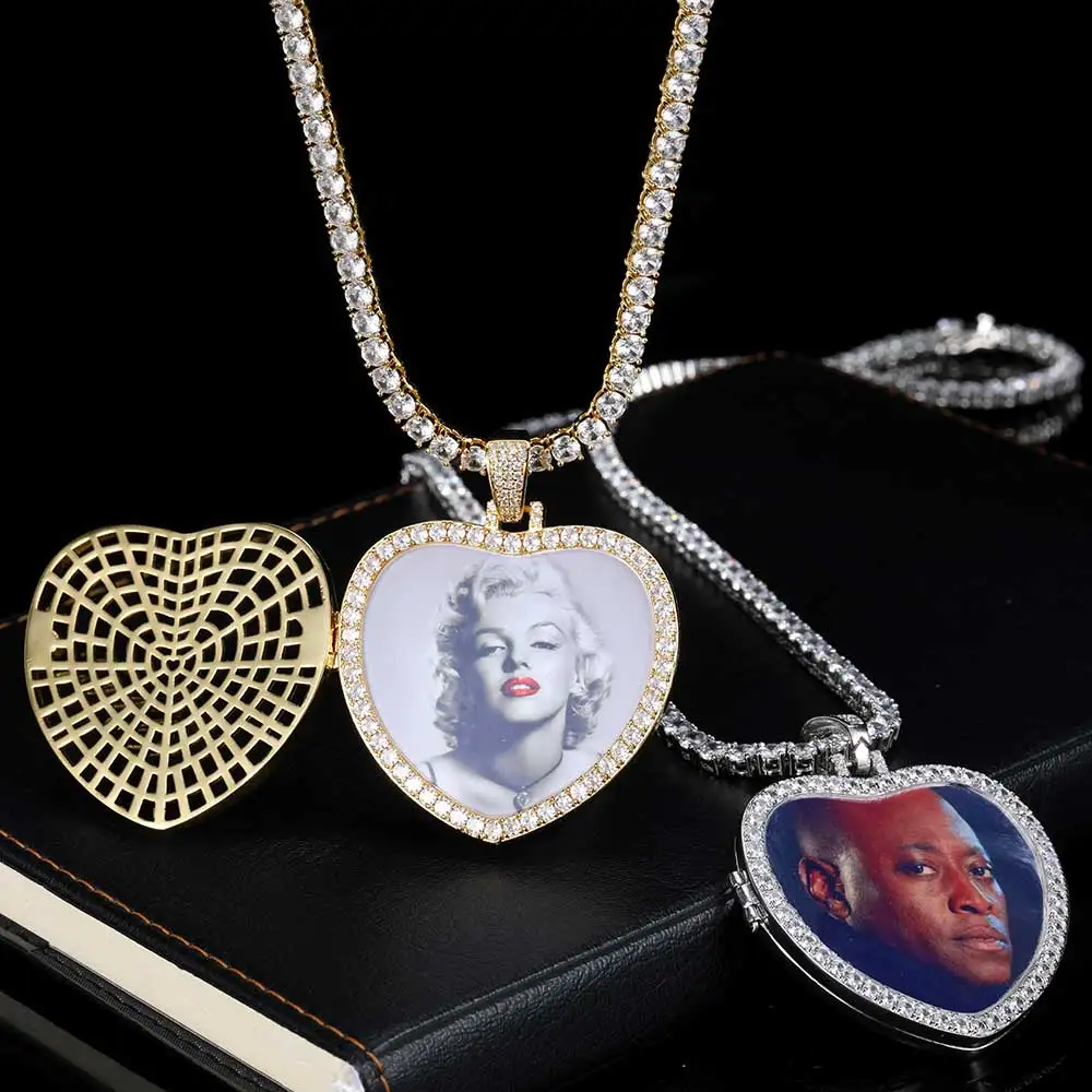 Hip hop Trendsetter Hollowed Out Flip Love Photo Pendant With Micro Inlaid Bling Zircon Custom Picture Memory Frame Necklace