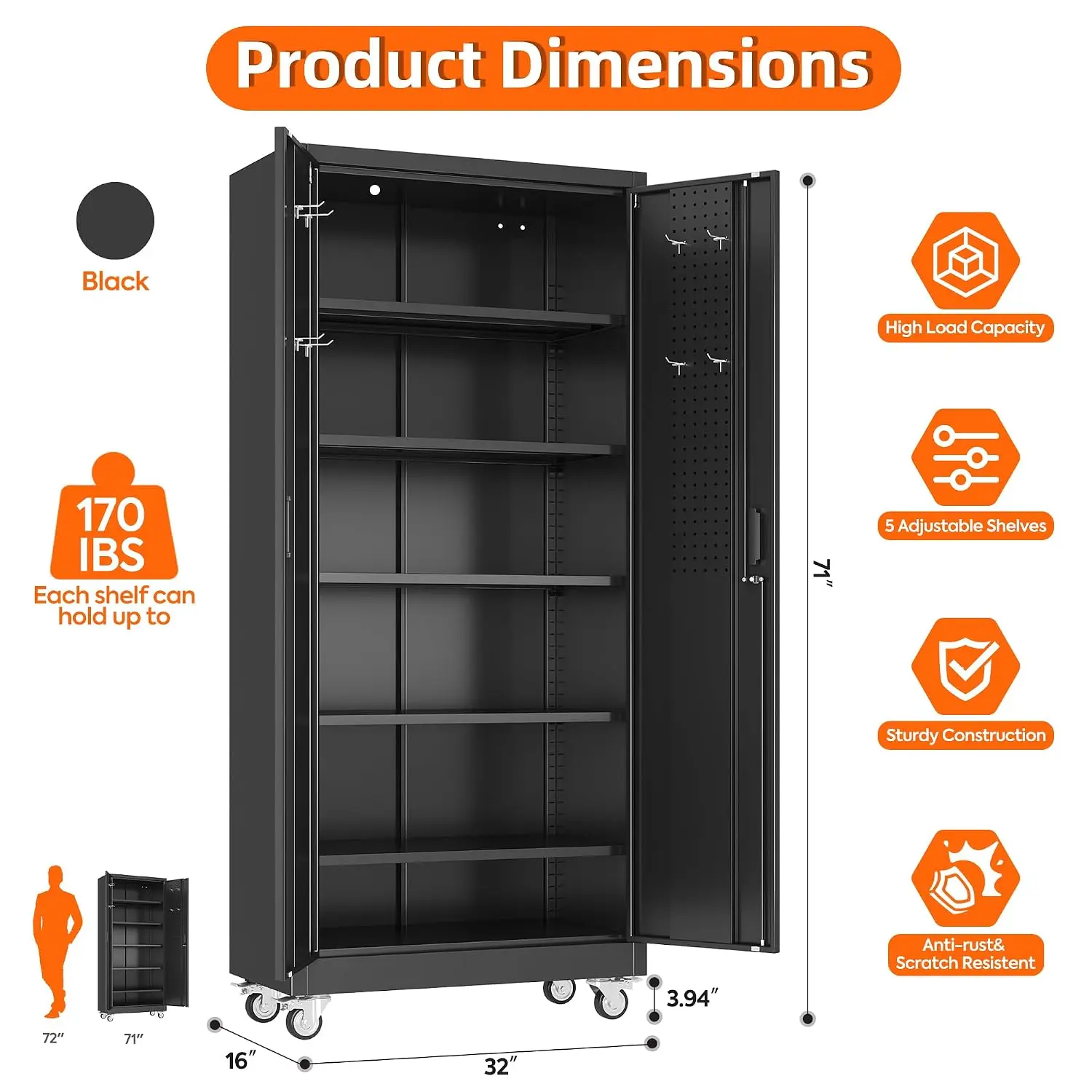 Metal Garage Storage Cabinet with Wheels and Door Pegboard | Garage and business storage for tools and office, Customized