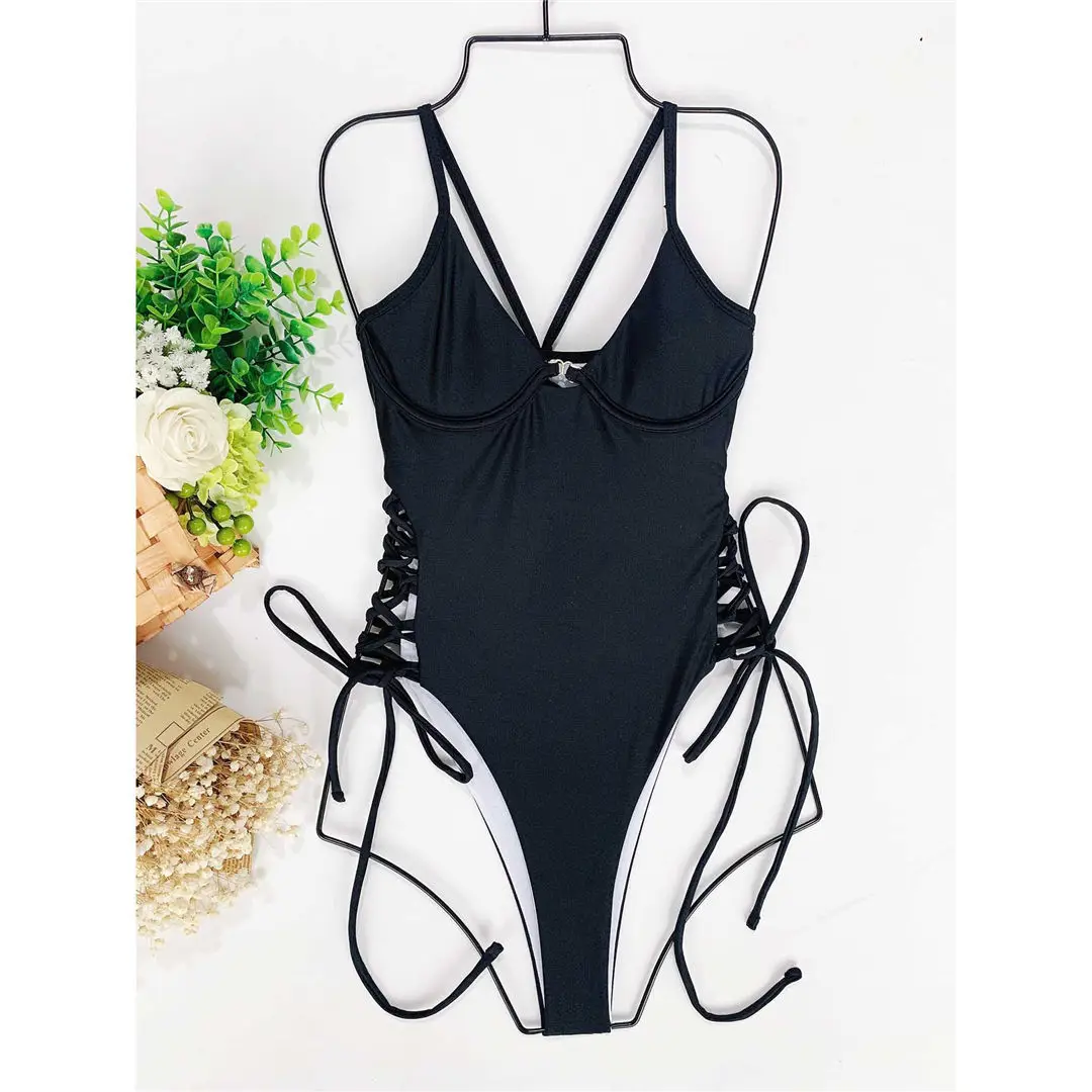 Sexy, mit Schnürung versehener, einteiliger Badeanzug mit Bügel, Damen-Bademode, rückenfreier Monokini-Badeanzug, Badeanzug für Damen, Modell V2906. – Detail 26