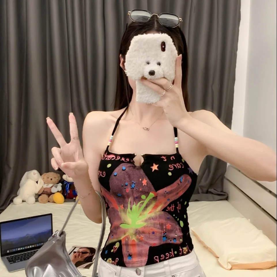 Summer New Pure Desire Sexy Beaded Flower Print Hanging Neck Strap Design Vest Slim Fixed Strap Chest Pad Women's Fashion