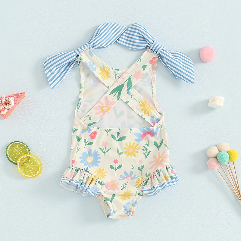 1-6T Little Girl Summer Cute Camisole Swimsuit Sleeveless Donuts/Ice Cream/Flower Print Ruffle Edge Cross Backless Bikini