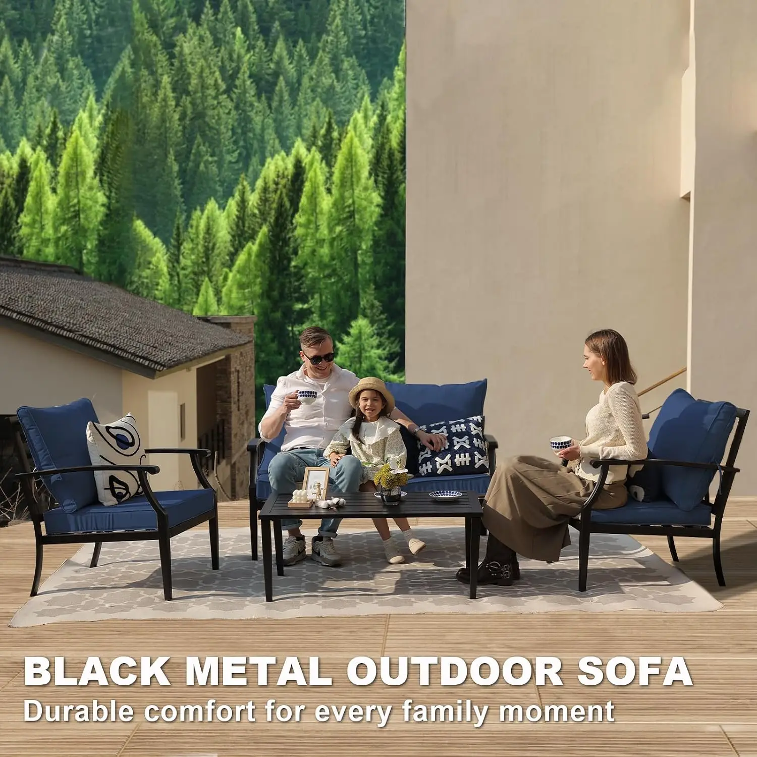 4-Piece Patio Metal Sofa Set High Back Loveseat Coffee Table All Weather Backyard Poolside Deck Navy, Customized