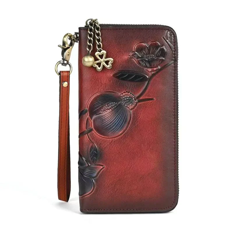 Big Cowhide Card Holder Clutch Bag Long Zipper Floral Ladies Leather Purse Vintage Genuine Leather Wallet Women