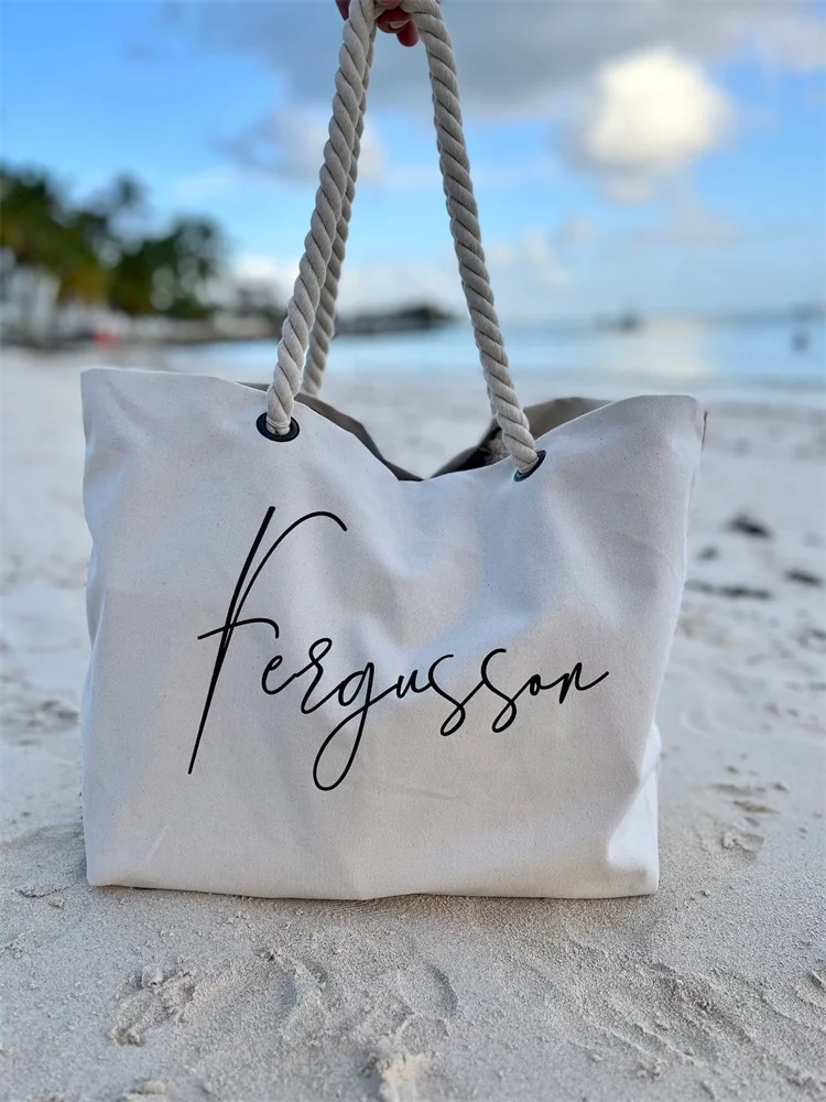 Custom name Beach Bag | Personalized Holiday Bag with rope handle | Personalised Gift for her | Nautical Beach Tote | Honeymoon