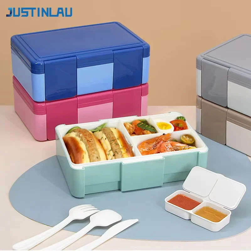 JUSTINLAU 4-Fach Versiegelte Lunchboxen mit Löffel und Gabel Bento-Box für Kinder Mikrowellengeeignete Bento-Box Lebensmittelbehälter