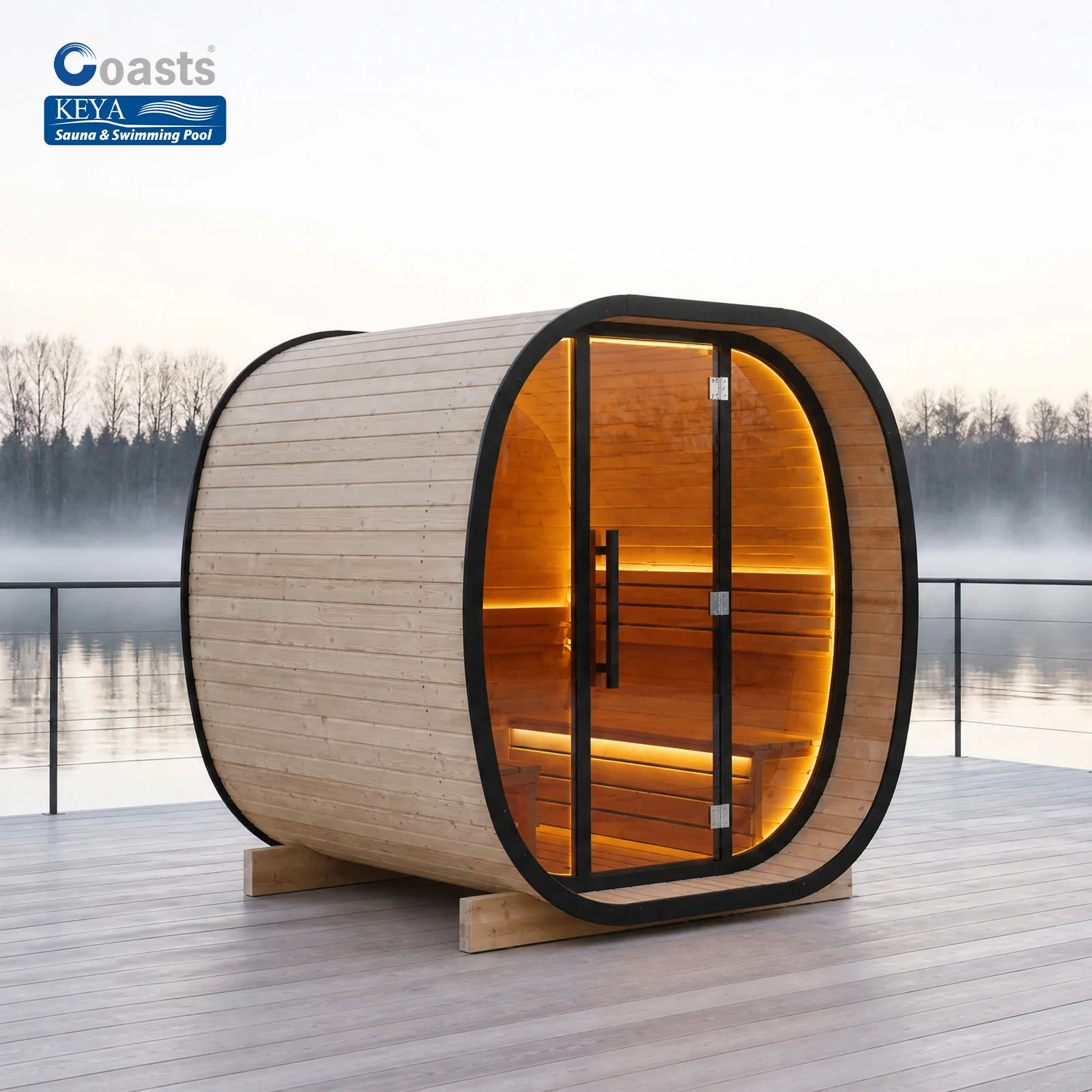 Boutique Pill Design Outdoor Sauna Thermo Pine With Full Glass Wall And Warm Ambient Lighting For Premium Resort Garden