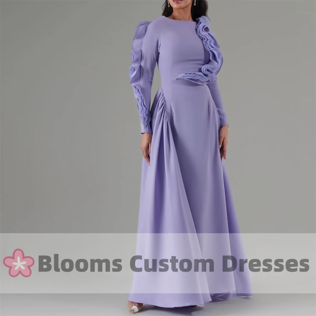 Customized Lilac Ruffles Long Sleeves Elegant Party Dresses For Women 2024 Saudi Formal Occasion Prom Dress Evening Gown