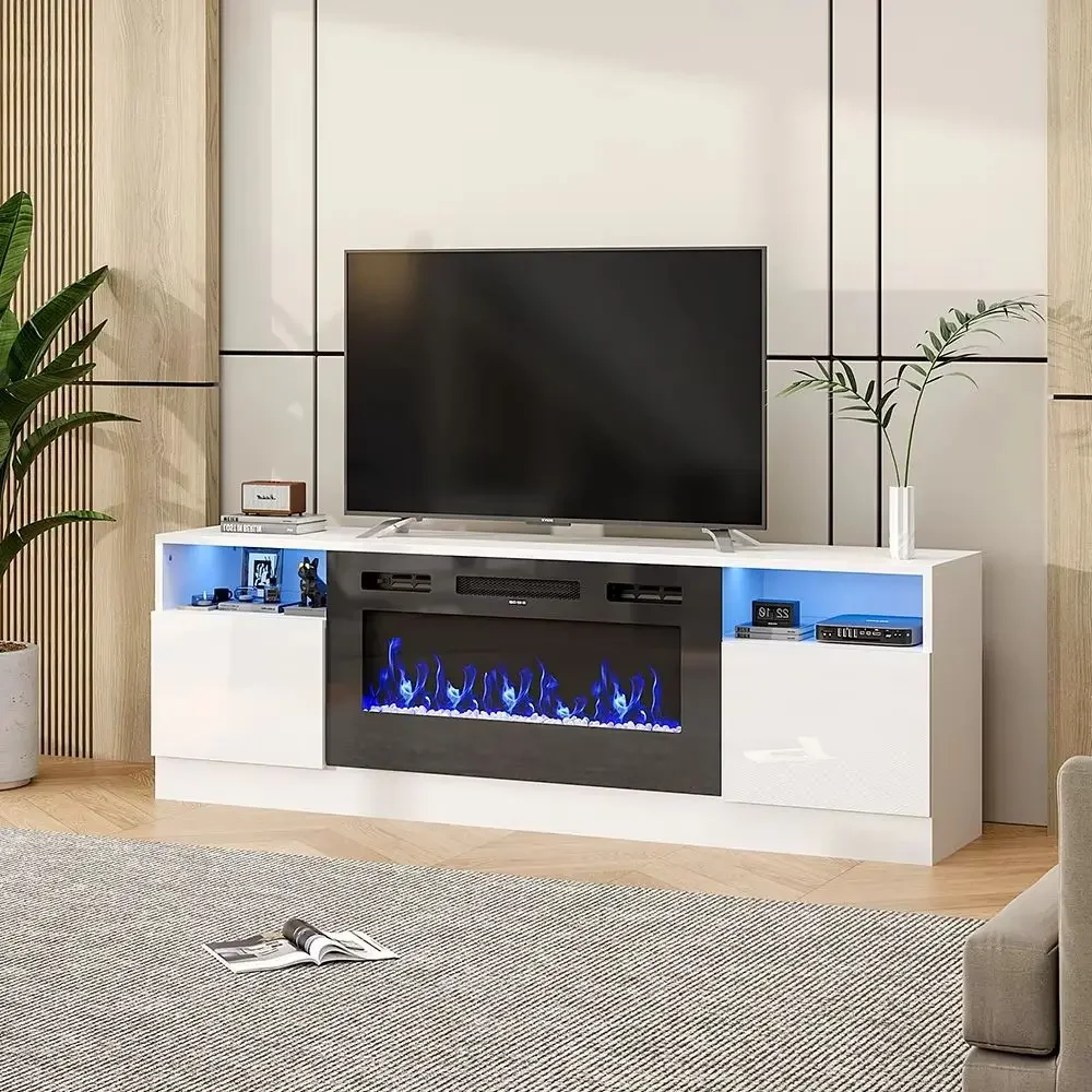 

Customizable Modern Electric Fireplace TV Stand 178cm White Media Console with Adjustable Flame, 12 LED Colors, Remote Control,