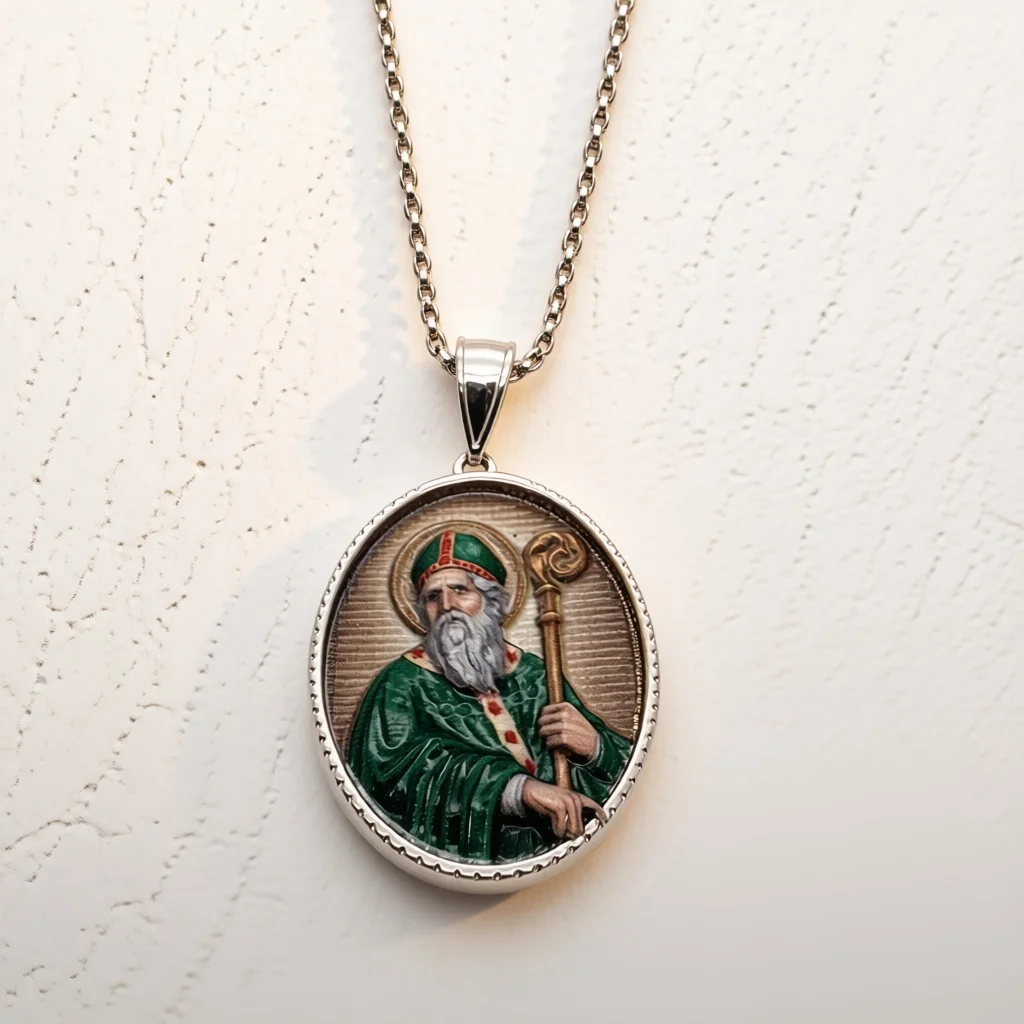 Saint Patrick Oval Embossed Medal Pendant Necklace Silver Box Chain Catholic Jewelry Gift For Irish Religious Believers