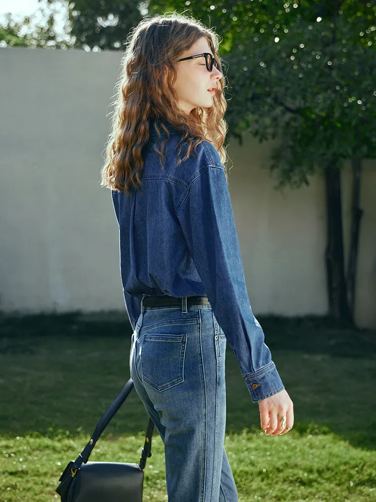 OLrain frauen Blau Denim Hemd Vintage Oversize Damen Tops Casual drehen-unten Kragen Tasche Gerade Weibliche Shirts O24CC83309