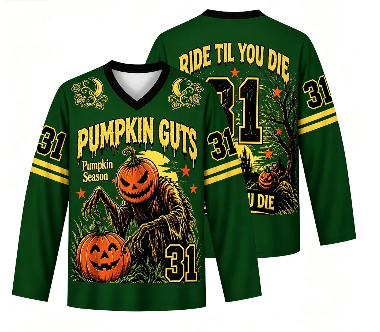 Pumpkin Guts Halloween V-Neck Long Sleeve Jersey Men Vintage Pumpkin Monster Graphic Shirt Green Streetwear Tops