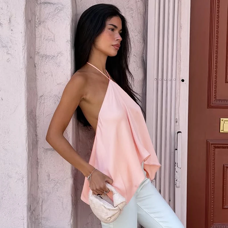 Hugcitar Modisches Neckholder-Top mit Schnürung, Rückenfreies, Unregelmäßiges, Einfarbiges, Sexy Crop-Top für Damen, Niedliche Kleidung für Strand, Urlaub und Party – Detail 16