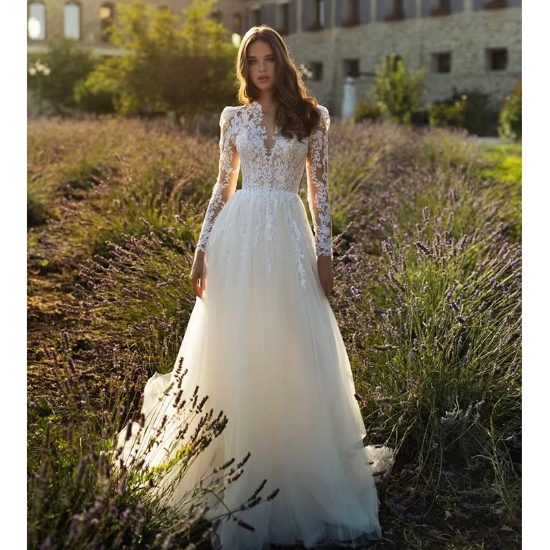 

Simplicity Wedding Dress Organza With Embroidery A-Line Floor Length Ballgown High-Neck Full Sleeve Customized Bridedress Button