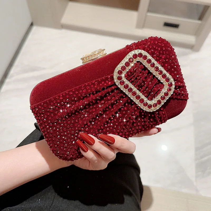 Wine Red Rhinestone Evening Bags For Women Fashion Velvet Cloth Clutches Ladies Handbags Wedding Party Purses