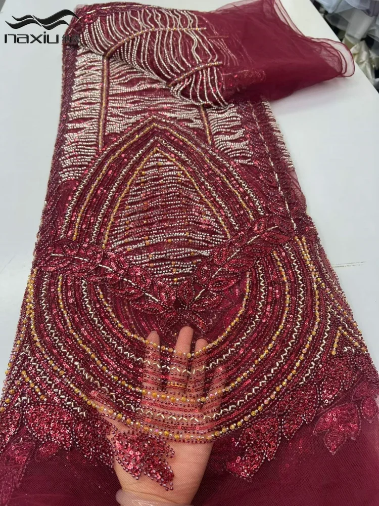 Madison 5 Y Luxury African Sequins Comb Beaded Lace Fabric 2026 Nigerian French Mesh Lace Fabric for Sewing Women Wedding Dress