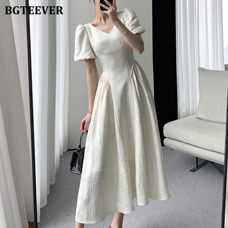 BGTEEVER Vintage Puff Sleeve Women Mid-Length Dress Summer V-neck Slim Waist Female A-line Dress Elegant Ladies Solid Dress