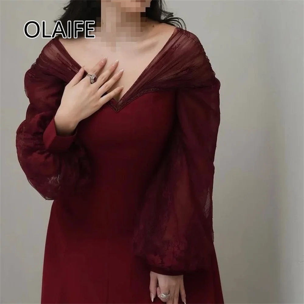 Modest V-neck Satin A-line Formal Evening Prom Dres with Long Sleeve Court Evening Arab Gown for Women Customized