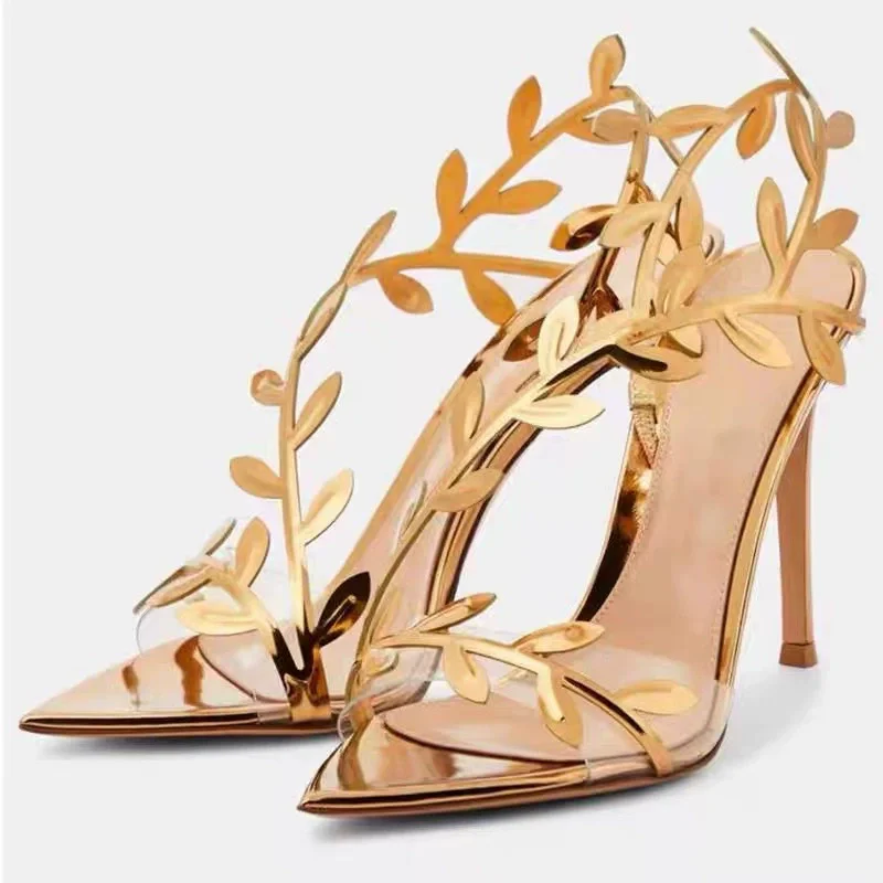 

Summer new patent leather metal leaves pointed non-slip sexy sandals stin high-heeled banquet dress large size women's shoes