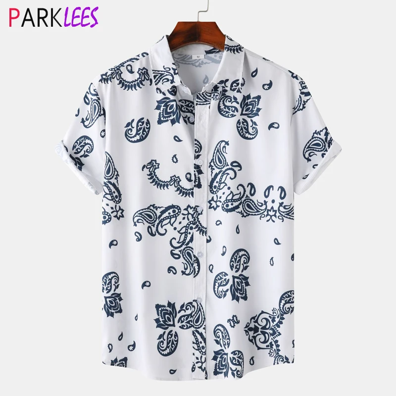 Classic Paisley Print Hawaiian Shirt for Men 2024 Summer Short Sleeve Button Down Shirt Mens Casual Beach Aloha Party Shirt Male