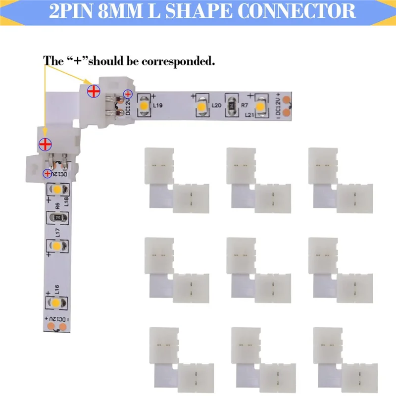 2 Pin LED Connector Kit, Solderless Connectors, 2 Way DC Jack Splitter for 8Mm 2Pin 2835 LED Strip