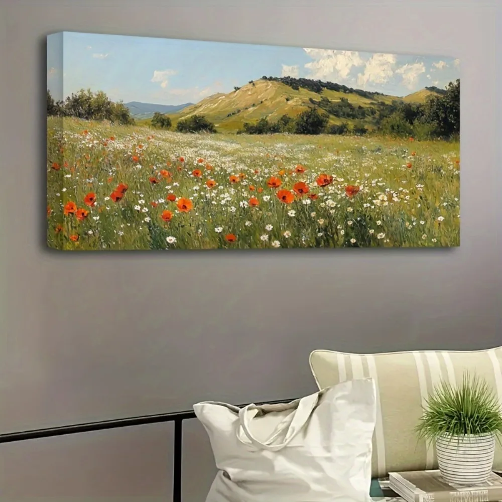 

Vintage paintings of fields and wildflowers,canvas artwork,Victorian style decorative mural,1.5 inch thick pine solid wood frame