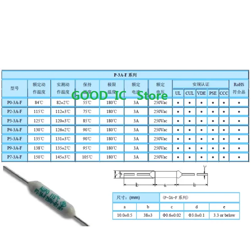 100PCS 1A 2A 3A 5A/250V 84℃ 102℃ 115℃ 125℃ 130℃ 135℃ 138℃ 145℃ 150℃ temperature control switch temperature fuse P0/1/2/3/4/5/7/9