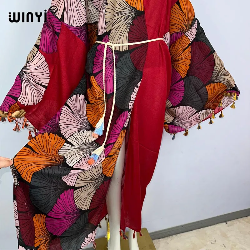 WINYI kimono summer print kaftan Bikini Cover-up Cardigan sexy Holiday maxi beach swimsuit evening party tassels dress with belt