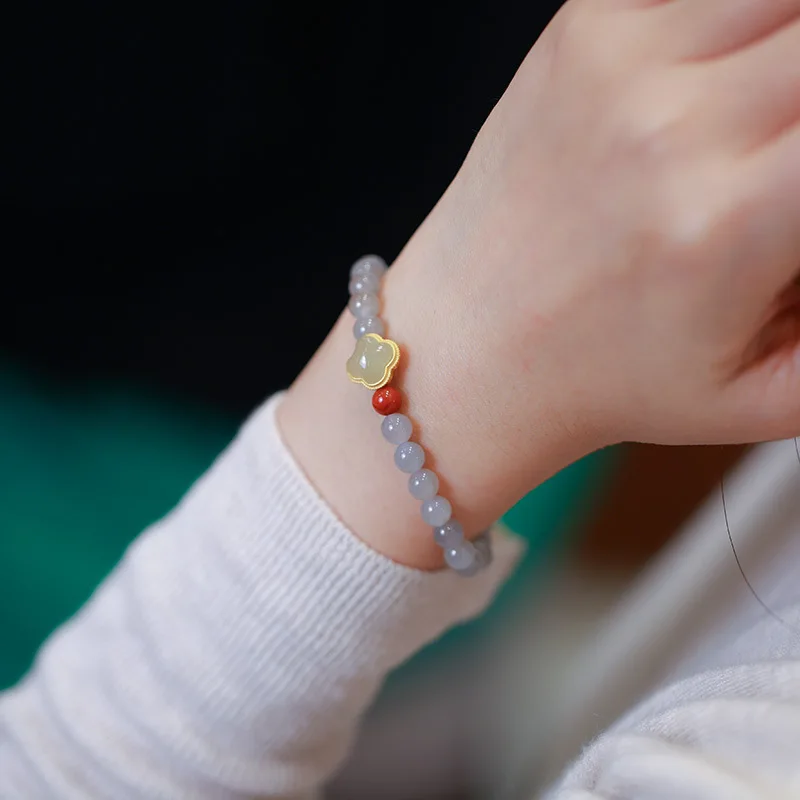 

Женский браслет с одним кругом из дымчатого фиолетового нефрита Hetian, 6 мм, южный красный круглый браслет из четырехлистного клевера с бусинами, подарок для