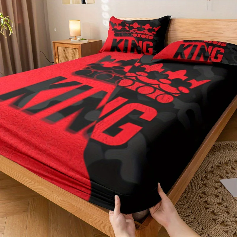 Red And Black King Pattern Fitted Sheet Set Soft And Comfortable Bedroom Guest Room And Dorm Decor Bedding Bedspread Set