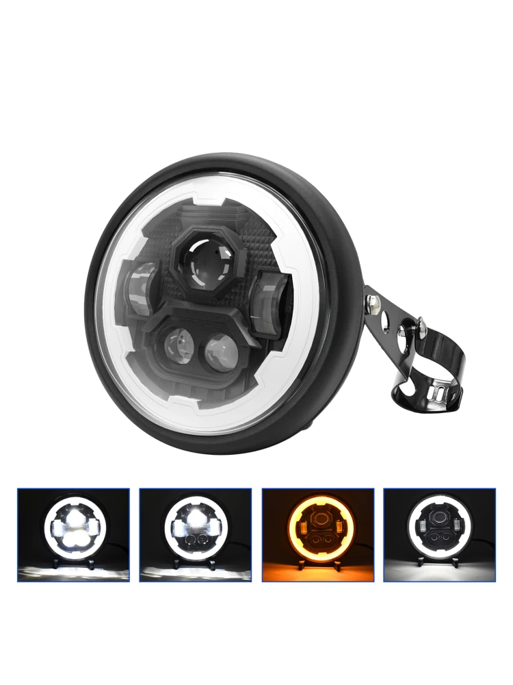 

7 Inch Motorcycle LED Headlight with Housing Bucket and High/Low Beam Turn Signal DRL Angle Eyes 7'' Round LED Headlight