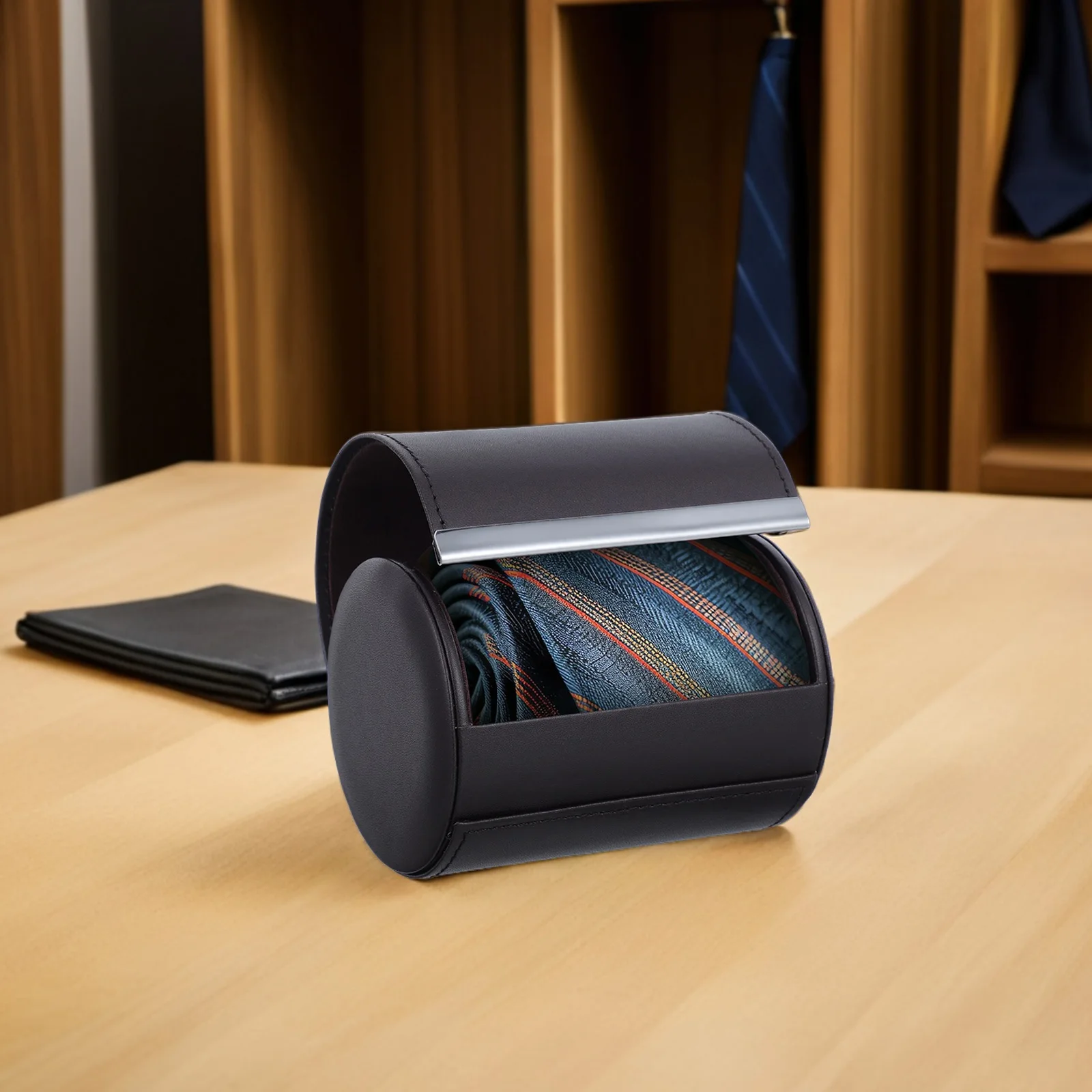 

Magnetic Tie Box Black PU Anti Wrinkle Travel Cylinder Case Storage Bow Tie Jewelry Display Formal Event Accessory