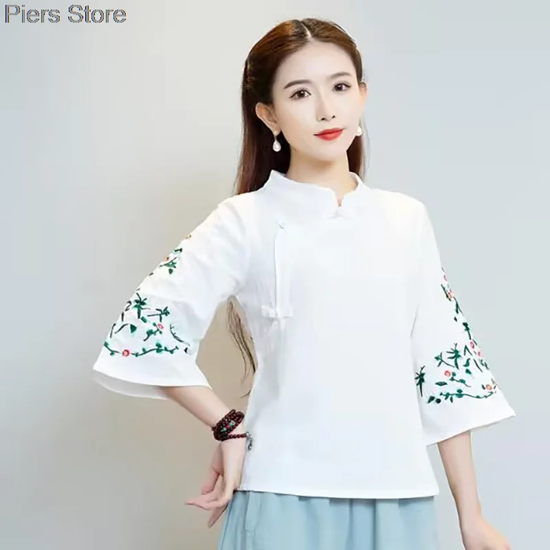 2024chinese style traitional hanfu blouse autumn spring jacquard traditional qipao lady long sleeve cheongsam hanfu blouse