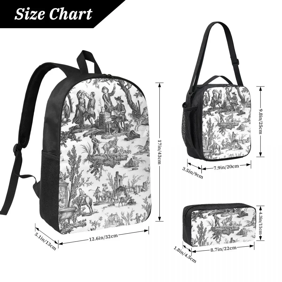 Vintage French Toile De Jouy Motif Backpack Student BookBag School Bag Laptop Shoulder Bags 3ps Insulated Lunch Bag Pencil Case
