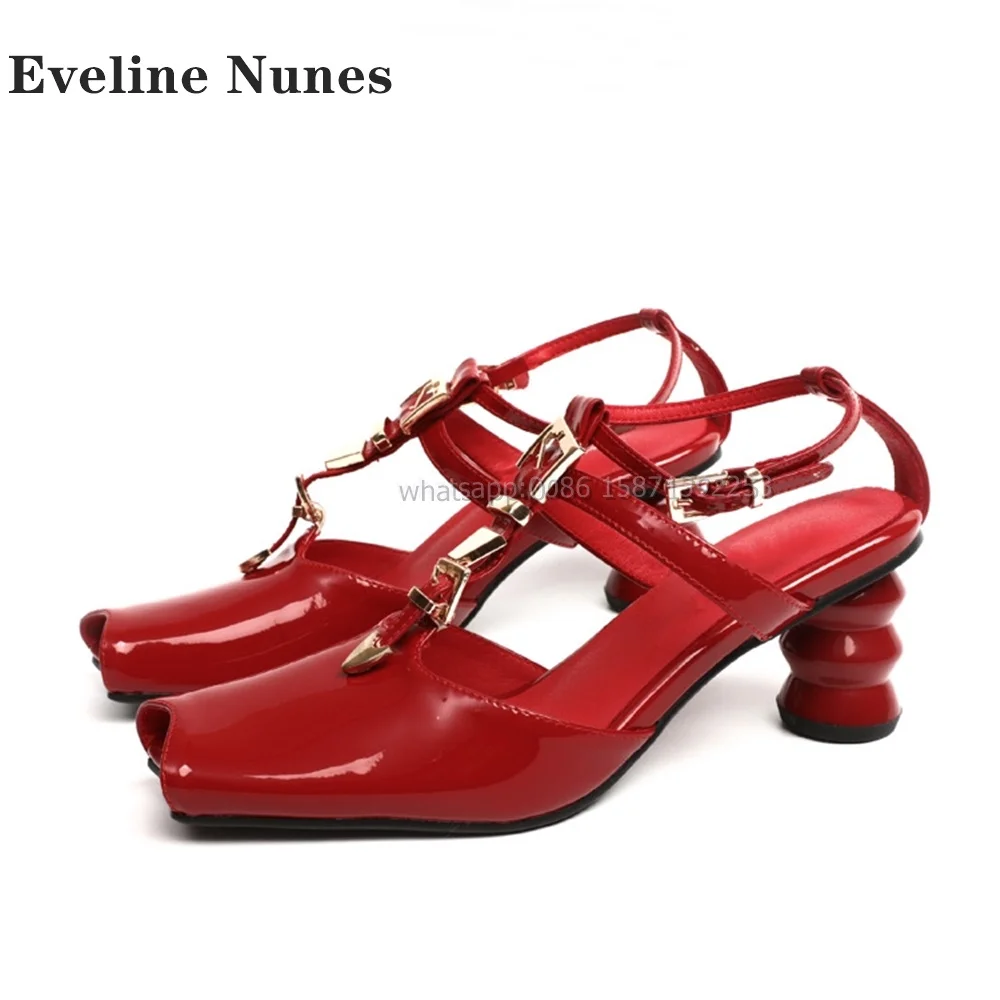 

Metal Decoration T-Tied Red Sandals Sexy Retro Luxury Mary Janes Square Toe Strange Style Side Air Solid Straight Strap Pumps