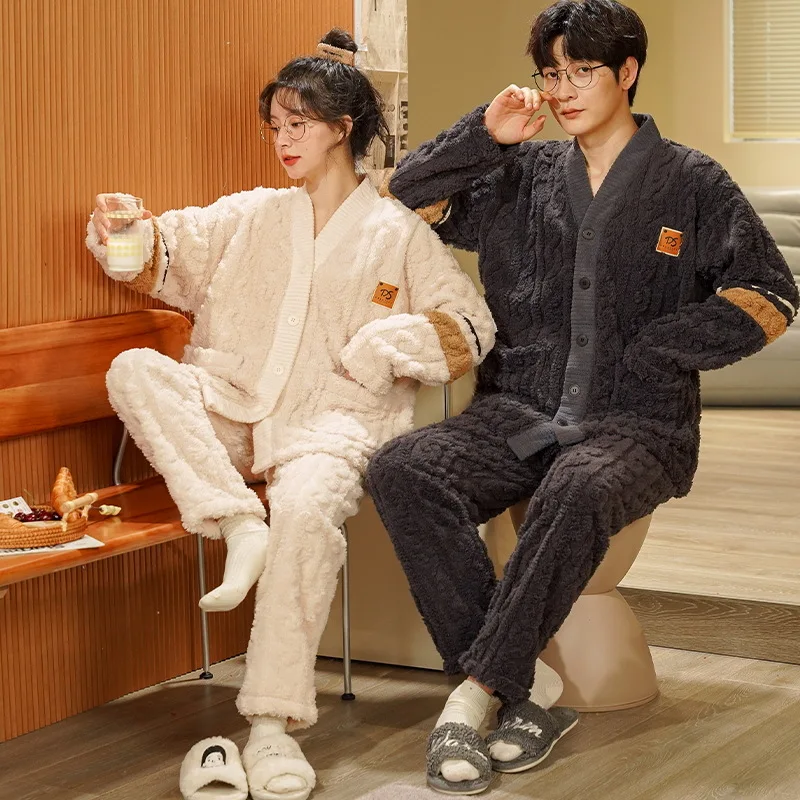 2023 Couples Sleepwear Women Men Pajama Set Korean Flannel Pijamas Mujer Thicken Coral Fleece Long Sleeve Pyjama ropa de dormir