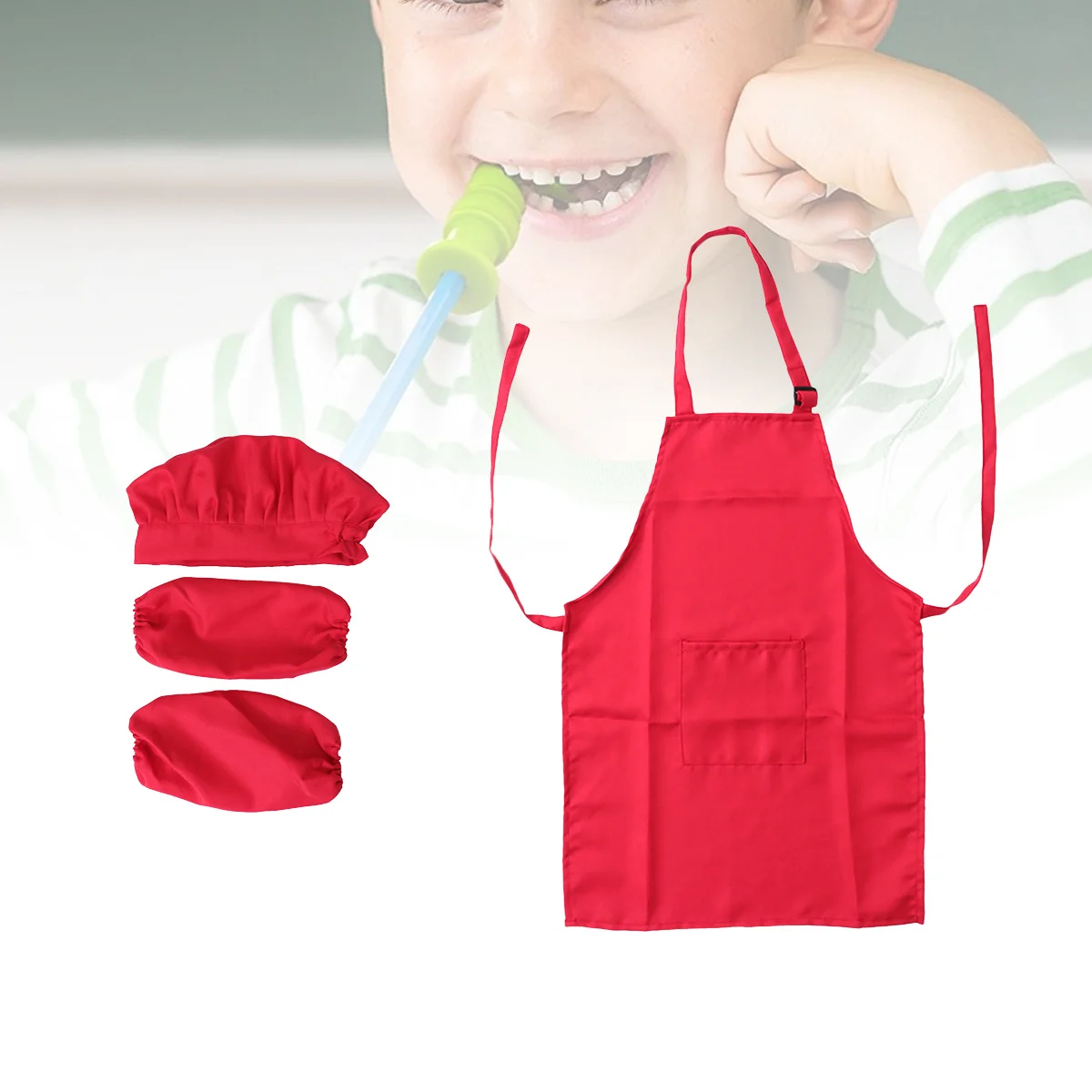 مريلة كاملة للأطفال متوسطة الحجم باللون الأحمر لعمر 4-8 سنوات، أكمام طهي للأطفال، مجموعة لعب هدية للمطبخ وحفلات رسم الخبز