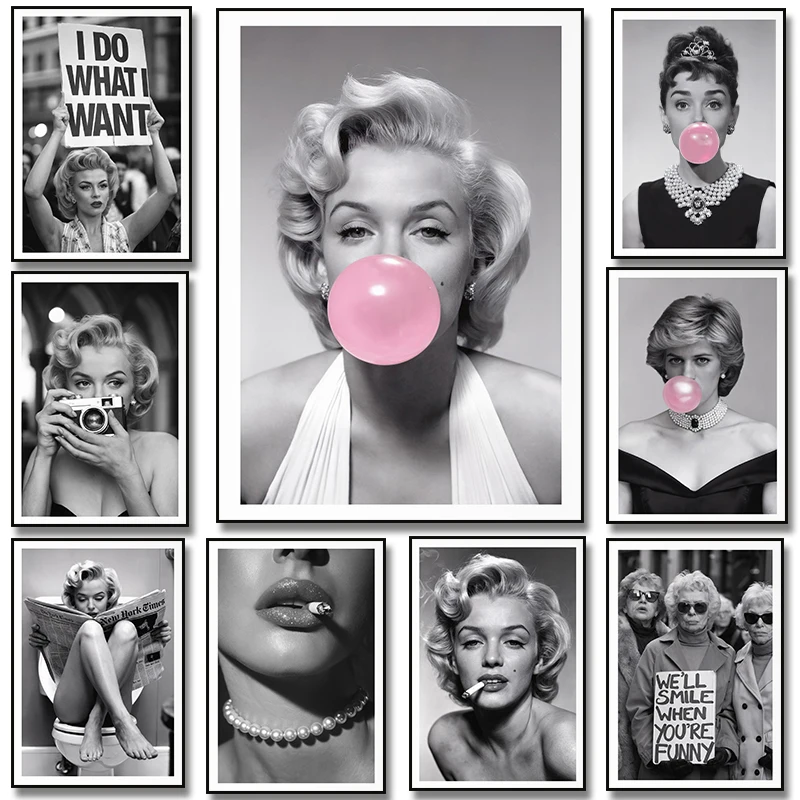 Черно-белая сексуальная женщина для курения Хепберн, розовая пузырьковая резинка, постер, холст, картина, печать для гостиной, украшения дома