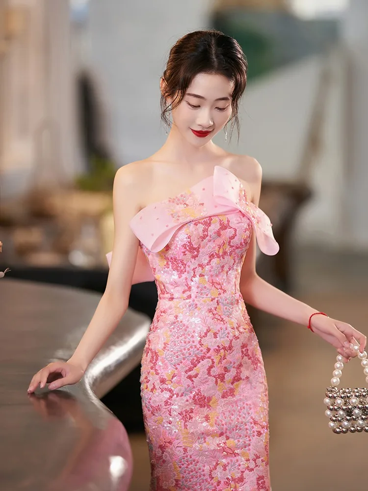 

Bride Tube Top Long Mermaid Wedding Dresses Women Formal Pink Print Party Prom Gowns Robes De Soirée