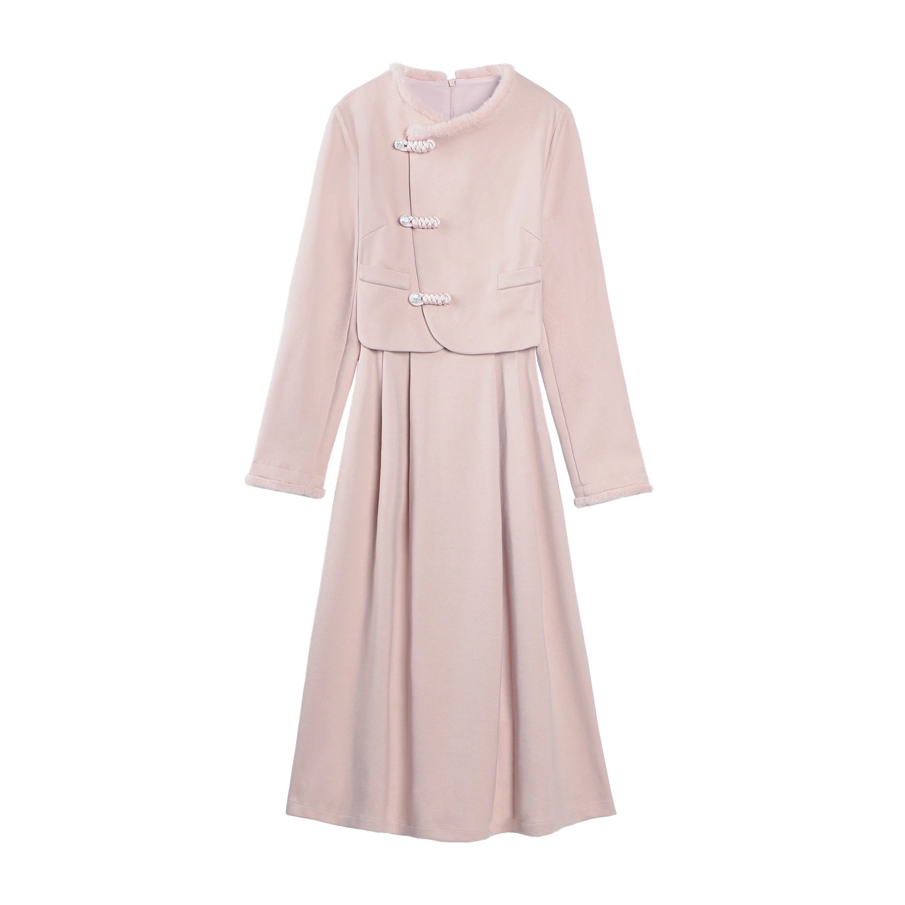

ALXNAN Women's Dress New Chinese Style Fake Two-piece Single-sided Wool Dress 2025 Autumn Winter Long Female Clothing QJD00144