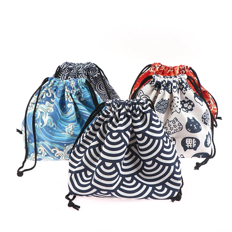 Japanese Style Drawstring Lunch Box, Storage Bag for Travel Picnic, Portable, Easy-Wash Bento Lunch Box, Tote Pouch, 1Pc