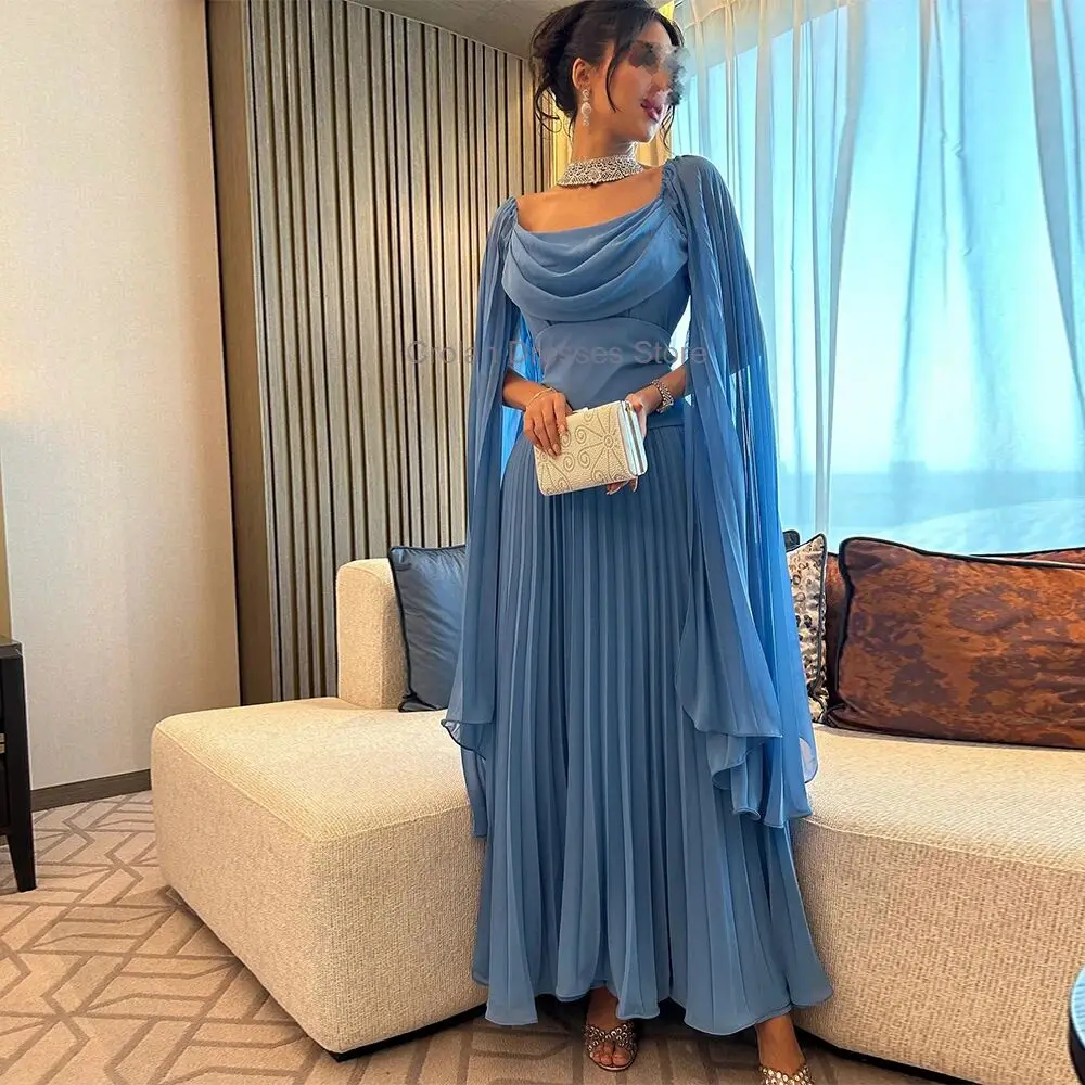 Blue Pleats Chiffon Formal Evening Dress for WOman Square Collar Watteau Wedding Party Gowns Sleeveless Prom Dress Custom Made